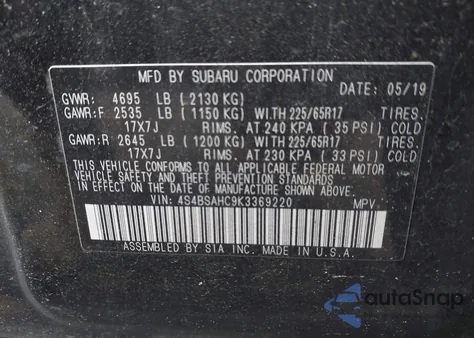 2019 Subaru Outback 2.5I Premium z USA, uszkodzony, nr VIN 4S4BSAHC9K3369220